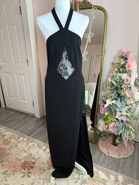 Adrianna Papell Black Halter Maxi Dress with Lace Inset